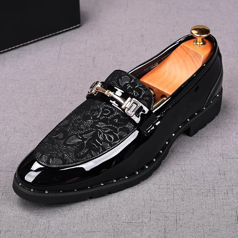 Black Carved Luxury Men Pu Leather Shoes Fashion Male Metal Bucckle Bow Knot Deocr Increased Loafers Business Casual Shoes