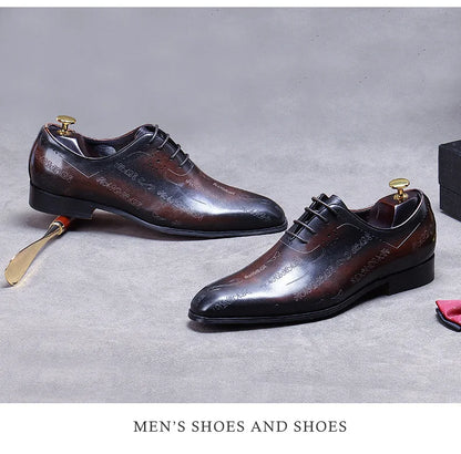 Men's Business Dress Leather Shoes Genuine Leather Shoes Full Cowhide British Laser Engraving Pattern Men's Wedding Shoes 37-46