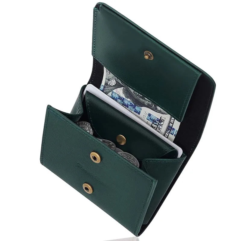 Men's Small Wallet Made of Fine Grain Leather Vintage Genuine Leather Mini Wallet with Coin Compartment and Press Stud