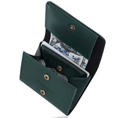Men's Small Wallet Made of Fine Grain Leather Vintage Genuine Leather Mini Wallet with Coin Compartment and Press Stud