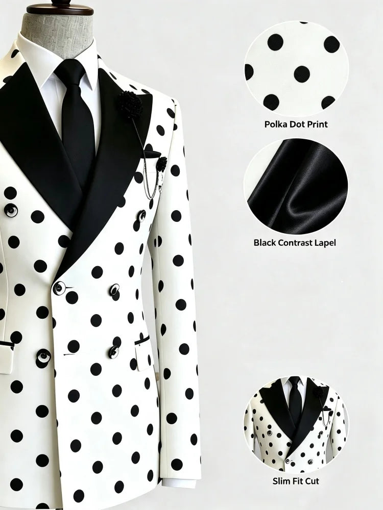 Men's Slim Fit White Black Polka Dot Double Breasted Blazer Satin Peak Lapel Suit Jacket For Formal Business Groom Wedding Party