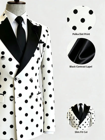 Men's Slim Fit White Black Polka Dot Double Breasted Blazer Satin Peak Lapel Suit Jacket For Formal Business Groom Wedding Party