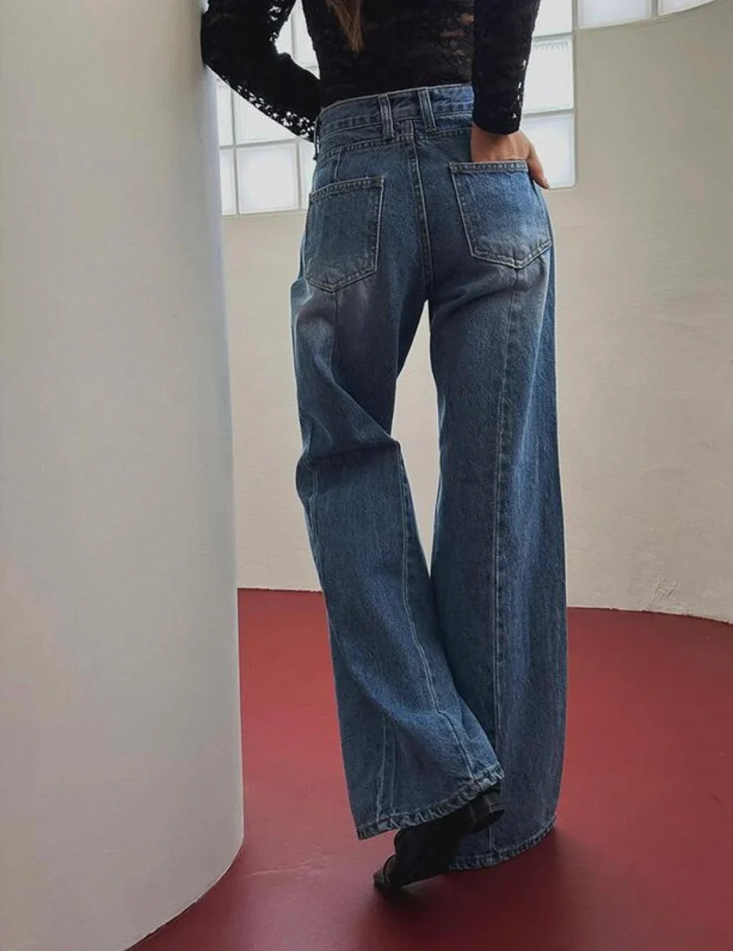 Retro High Waist Slim Fit Blue Jeans Women's Autumn Winter Straight Leg Long Pants Wide Leg Pants Classic Waed Denim