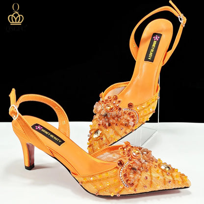 Italian Design Rhinestones and Coral Stones Ladies Party Shoes High Heels Pointed Toe Coffee Color Women's Shoes