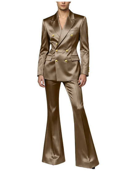 Men's Double Breasted Satin Suit Set 2 Piece Notch Lapel Gold Button Blazer Flare Pants Formal Wedding Prom Party Groom Outfit