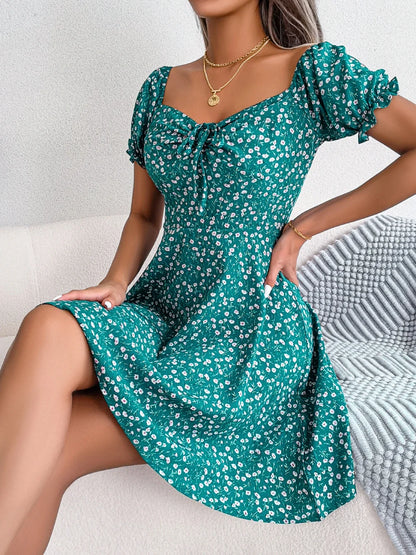 Women Casual Square Neck Flare Short Sleeve Floral Dress Elegant A Line Dress for Spring Summer 2026 Fashion Woman Clothing