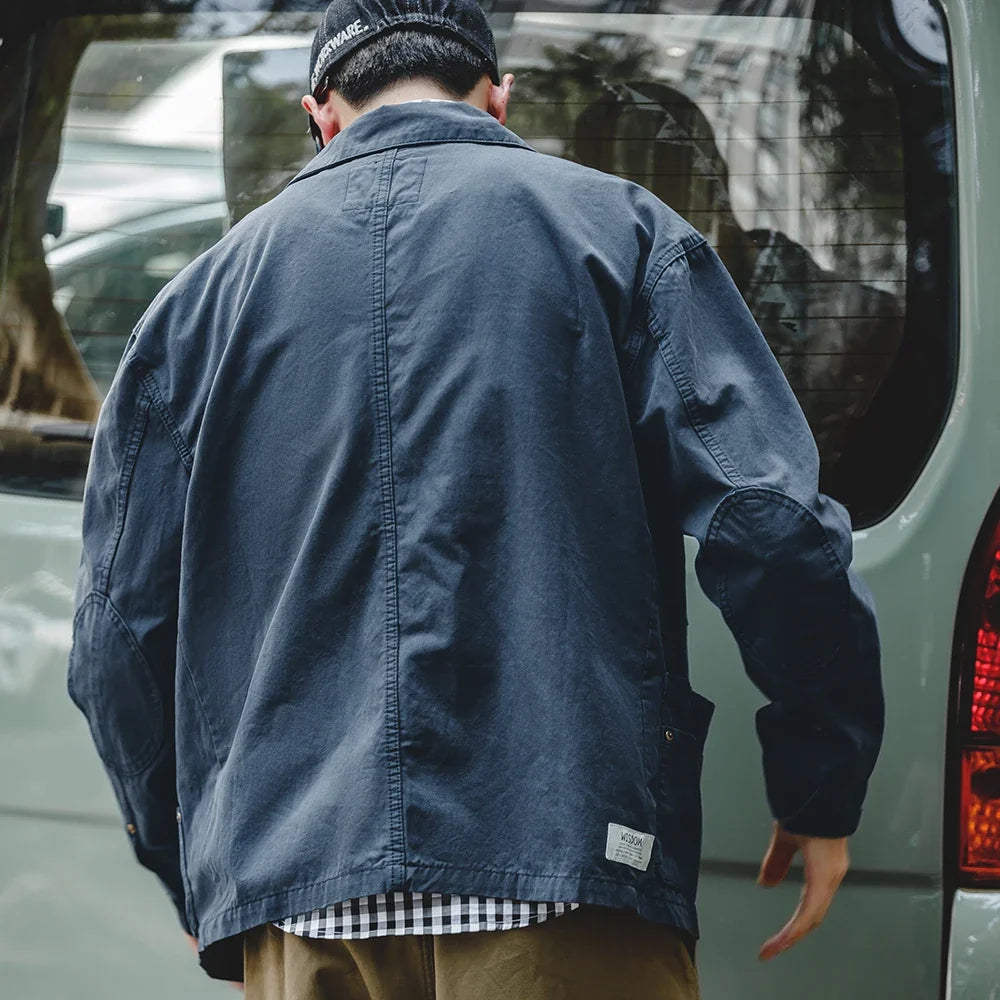 Navy  Drop Shoulder Jacket Men Turn-down Collar Hunting Tops Multi-Pocket Coat Men's Spring and Autumn Workwear Jacket