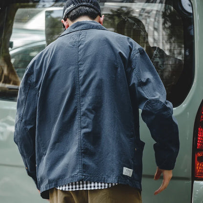 Navy  Drop Shoulder Jacket Men Turn-down Collar Hunting Tops Multi-Pocket Coat Men's Spring and Autumn Workwear Jacket