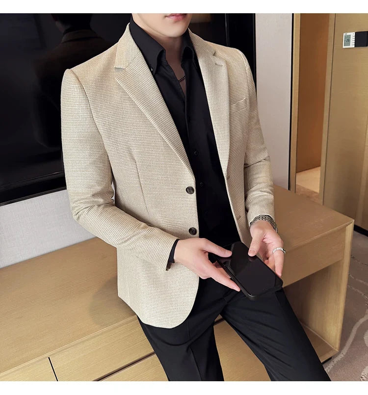 Bright Silk Thousand Bird Grid Suit Jacket Korean-style Business Fashion Slim Fit Single Breasted Men Social Party Dress Coats
