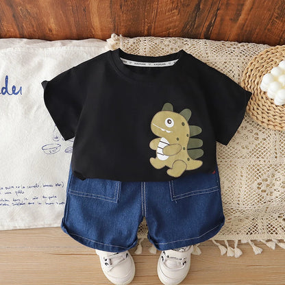 0-5 Years Old Toddler Baby Boys Dinosaur Print T-Shirt & Denim Shorts 2Pcs Casual Outfit Summer Kids Clothing Set
