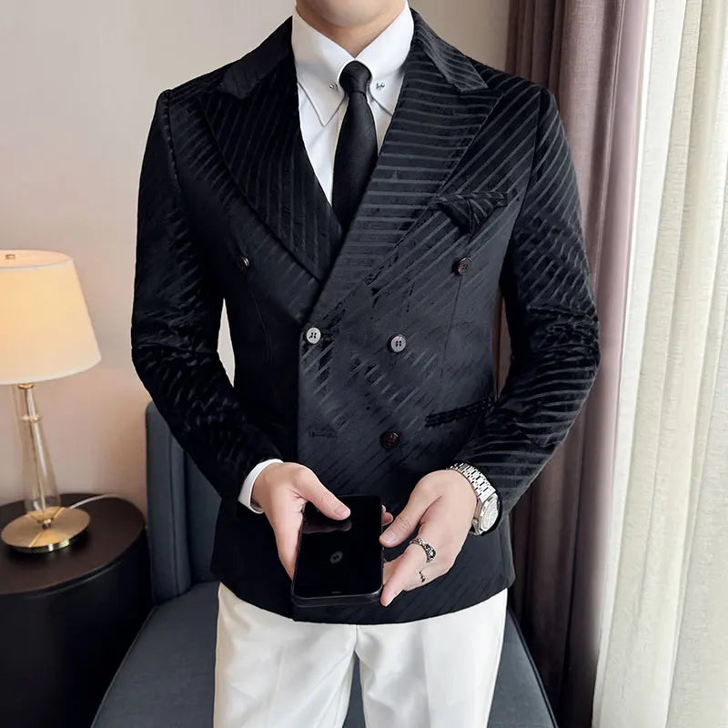 Autumn Winter New Velvet Suit Jacket Men Double-Breasted Striped Slim Fit Casual Coats High Quality Formal Business Tailcoat