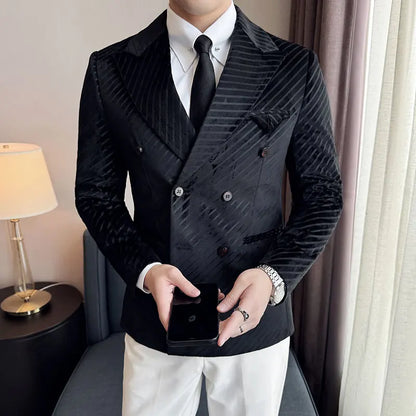 Autumn Winter New Velvet Suit Jacket Men Double-Breasted Striped Slim Fit Casual Coats High Quality Formal Business Tailcoat