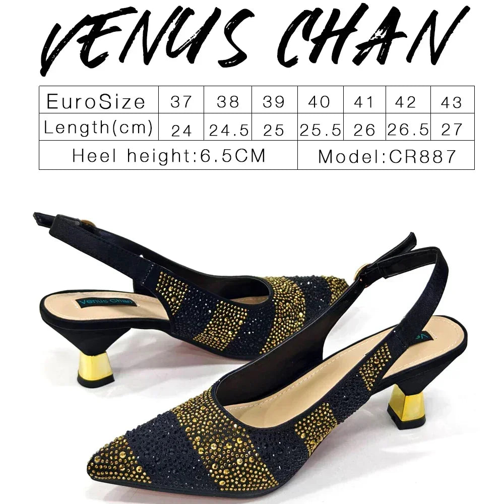 2024 Hot Selling INS Pointed-Toe Luxury Style High Heels Sandal With Bag Set in Gold Color For Wedding Party Women