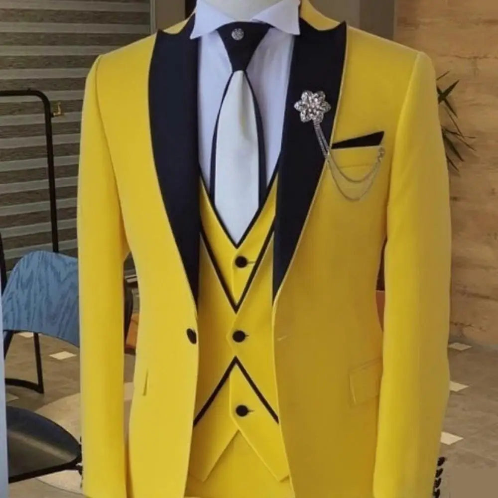 Men's Solid Slim Fit 3-Piece Business Suit Set with Blazer Vest And Pants for Wedding Party Luxury Fashion Tuxedo