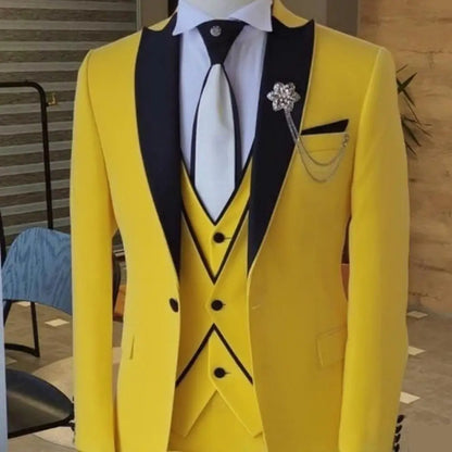 Men's Solid Slim Fit 3-Piece Business Suit Set with Blazer Vest And Pants for Wedding Party Luxury Fashion Tuxedo