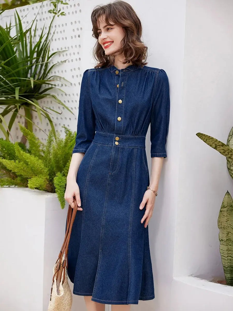 Women Denim Dress Retro Style Casual 2024 Spring Round Neck Three-quarter Sleeve Slim Fit A-line Fishtail Dress