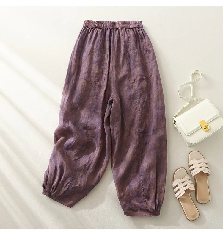 Retro Waterprint Linen Casual Nine-Piece Pants plus Size Women's Loose Elastic Waist Versatile Wide Leg Harlan Pants