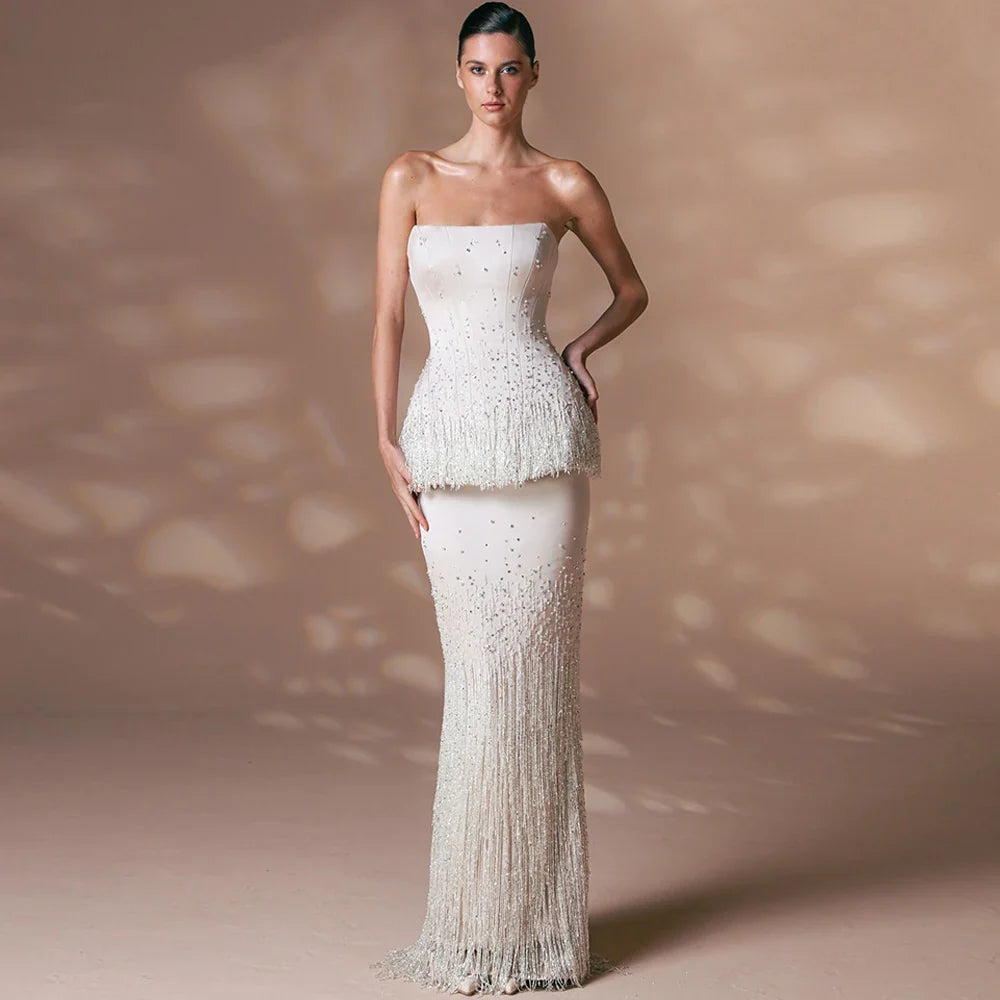 Exquisite Jersey Strapless Crystal Customized Evening Dress Classic Tassel Bridal Party Delicate Lace Up Back Celebrity Gowns