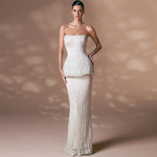 Exquisite Jersey Strapless Crystal Customized Evening Dress Classic Tassel Bridal Party Delicate Lace Up Back Celebrity Gowns