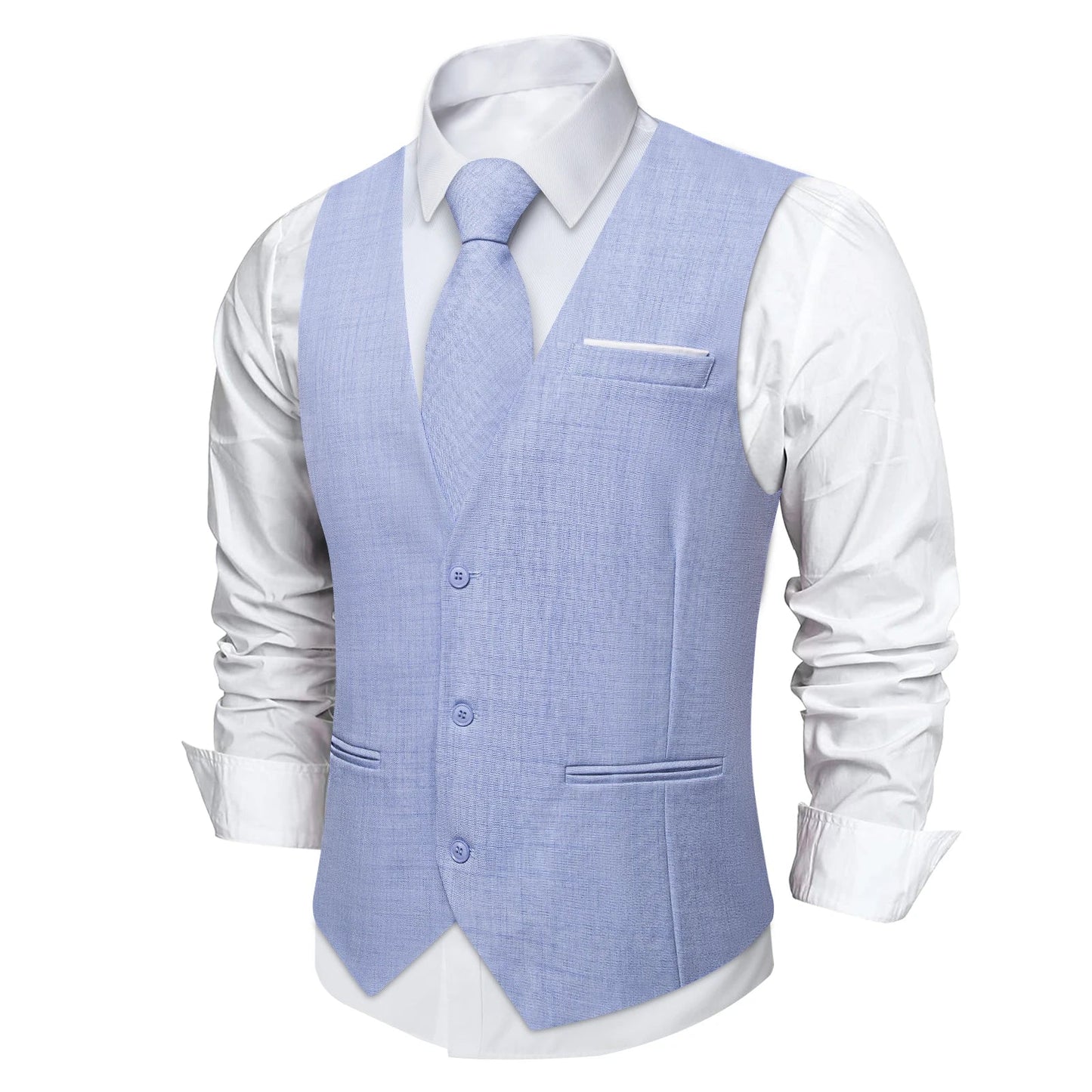 Fashion Men Vest Blue Single Breasted V Neck Solid Waistcoat For Wedding Birthday Party Prom Business Daily Casual Men Suit Vest
