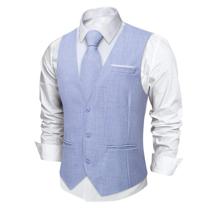 Fashion Men Vest Blue Single Breasted V Neck Solid Waistcoat For Wedding Birthday Party Prom Business Daily Casual Men Suit Vest