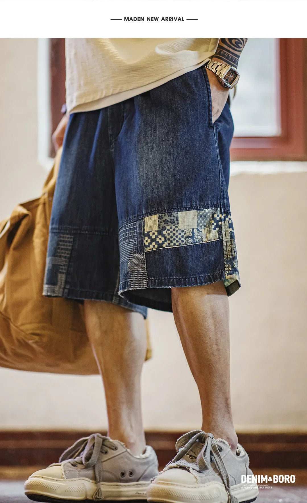 Maden Men's American Retro Slub Texture Washed Denim Shorts Vintage Cloth Spliced Five Inch Loose Casual Workwear Daily Trousers