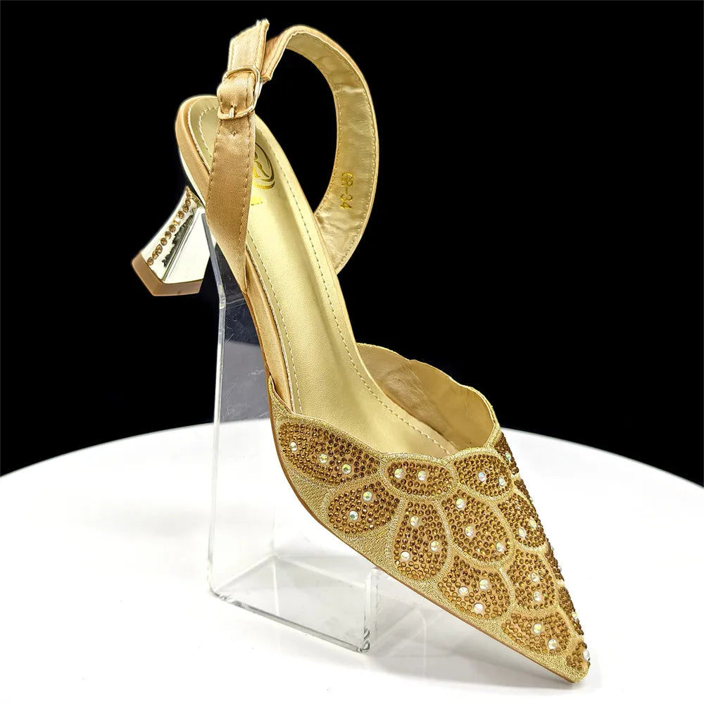 2026 New Shiny Italian Fashion Pointed Toe Women Heel Fashion Rhinestone Decoration Peach Color Shoes And Bag Set