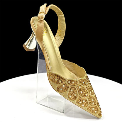 2026 New Shiny Italian Fashion Pointed Toe Women Heel Fashion Rhinestone Decoration Peach Color Shoes And Bag Set