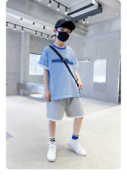 Summer Boys Cotton Alphabet Embossing t-Shirt Tops+Drawstring Short Pants Set School Kids Tracksuit Child Outfit Suit 5-16 Years
