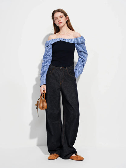 2026 Spring Women's Off-Shoulder Blue Gingham Blouse - Elegant Ruffled Lapel Long Sleeve Top for Office Commute