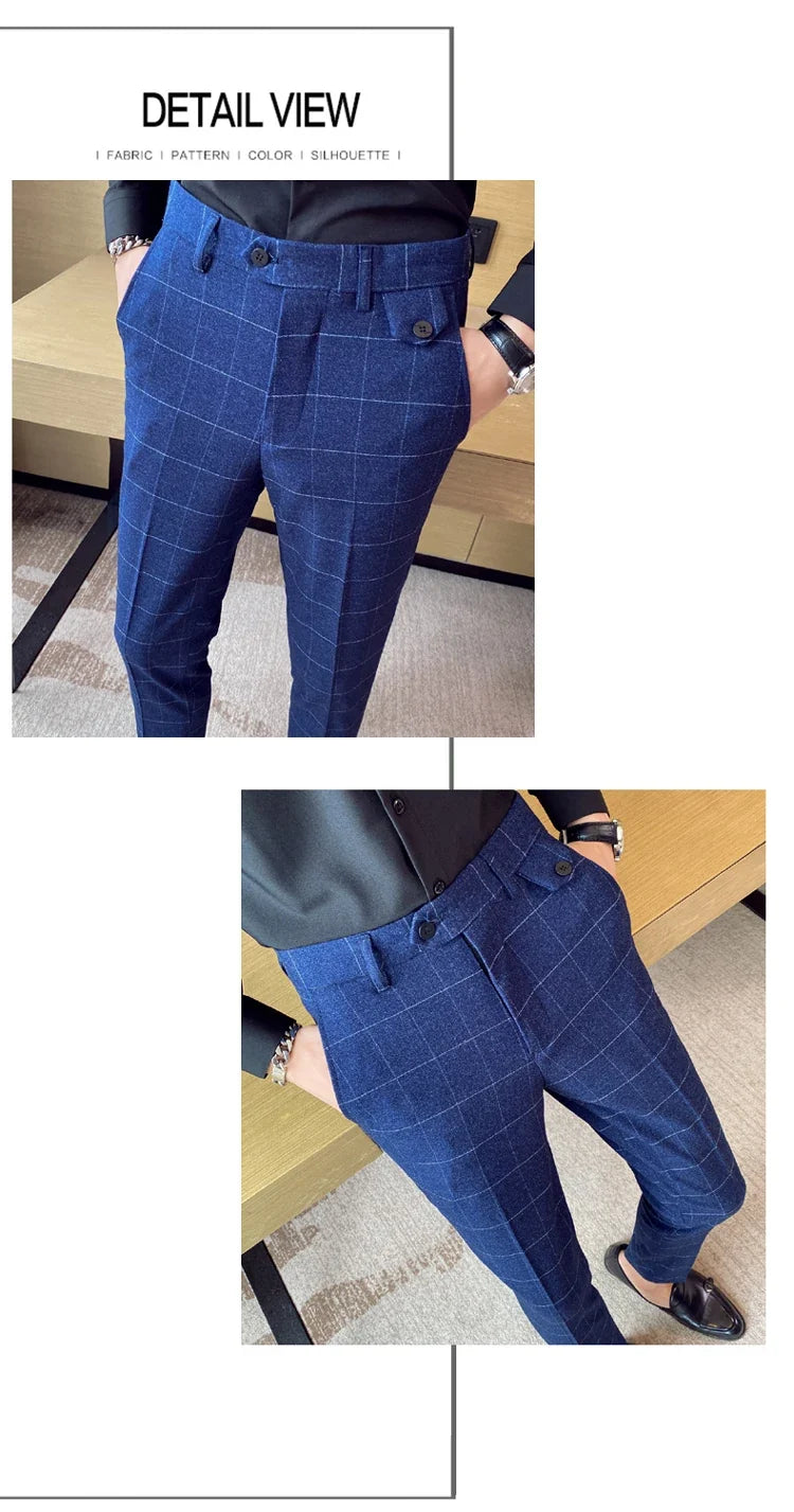 Boutique Classic Plaid and Striped Fashion Men's Casual Business Slim Suit Pants Groom Wedding Dress Trousers Party