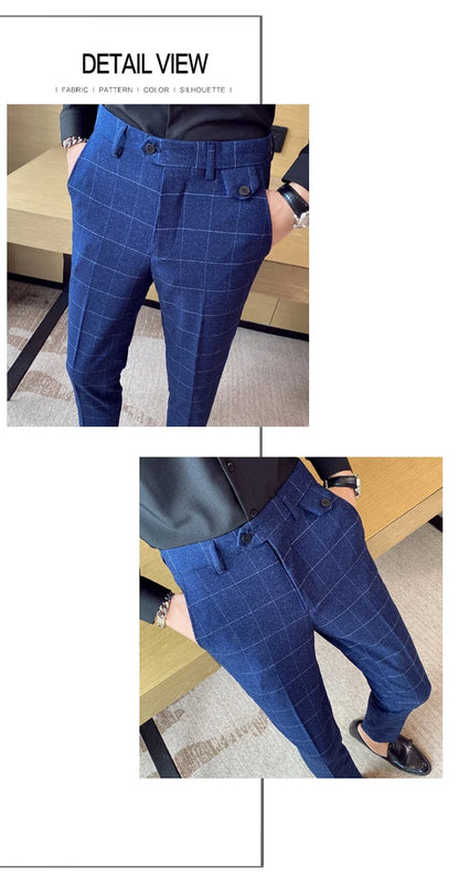 Boutique Classic Plaid and Striped Fashion Men's Casual Business Slim Suit Pants Groom Wedding Dress Trousers Party