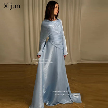 Elegant Sky Blue Long Evening Dresses Pleated A-Line Formal Prom Dresses Cape Sleeve Luxury Dubai Prom Gowns Customized