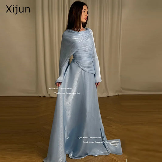 Elegant Sky Blue Long Evening Dresses Pleated A-Line Formal Prom Dresses Cape Sleeve Luxury Dubai Prom Gowns Customized
