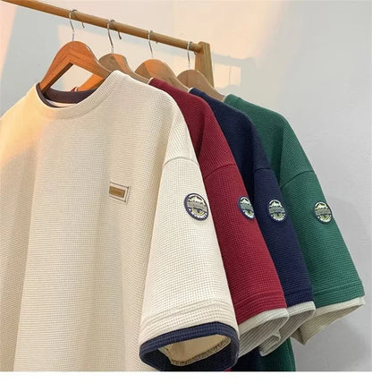 Summer Waffle Short Sleeve T Shirt For Men Vintage Appliques Loose T-shirts Couple Y2K Streetwear Clothes Fake Two-piece Tees