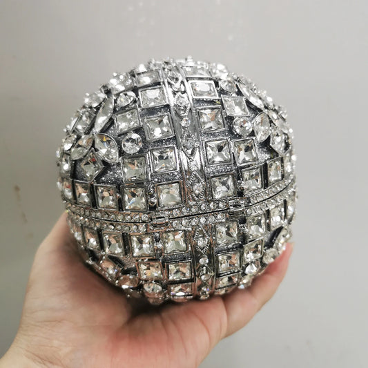 Woman Silver Crystal Stone Ball Shape Evening Bag Banquet Birthday Party Gift Lady Handbag Wedding Bridal Diamond Hollow Purse