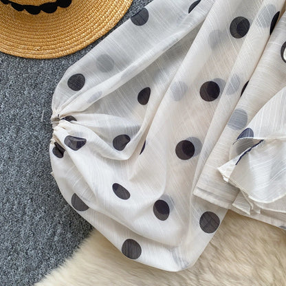 Women Butterfly Bow Lace-up Vintage Lantern Long Sleeve Top Slim Fashion Polka Dot Mesh Chiffon Blouse Hotsweet Spring Clothing