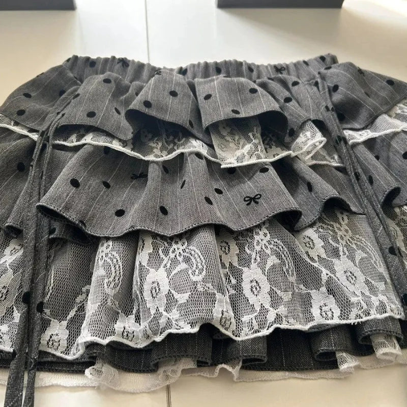Y2k Harajuku Polka Dot Sweet Skirts Women Vintage Aesthetic High Waist Cake Mini Skirt Lace Patchwork Casual Bandage Kawaii Jupe