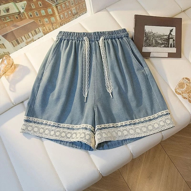 Women's High Waist Denim Shorts Summer Casual Loose Wide Leg with Lace Edging Five Points Trousers