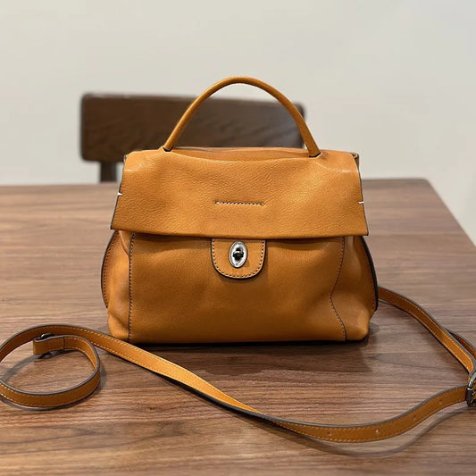 2026 Autumn New Handmade Retro Genuine Leather Women's Bag Versatile Soft Cowhide Solid Color Shoulder Crossbody Bags