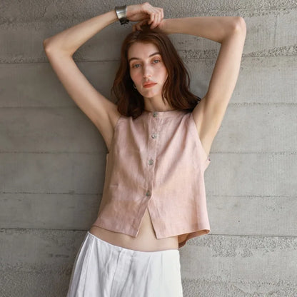 Chic Front And Back Two Wear Women Linen Tank Top 2026 Summer New Casual Short Loose 100% Linen Sleeveless Crop Tops