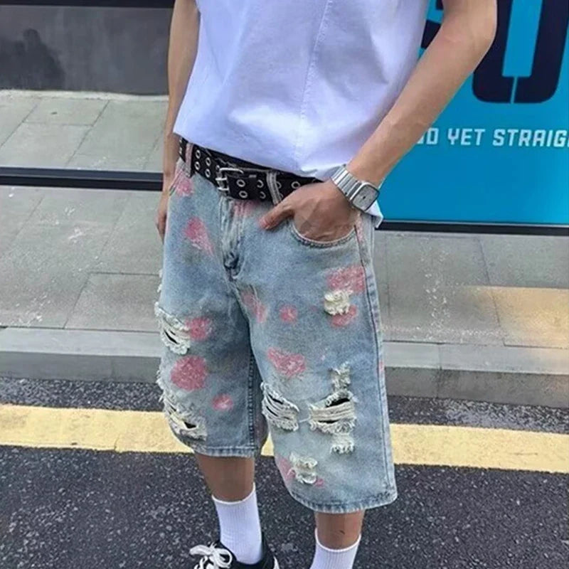 American Streetwear Washed Ripped Straight Jorts Men's Summer Floral Graphic Print Baggy Denim Shorts Hip Hop Fashion Short Jean