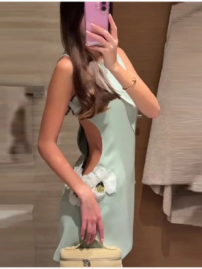 Women's Round Neck Solid Sleeveless Dress Sexy Waist Side Cut-outs Slim Mini Skirt Female New Date Commuter Party Clothes