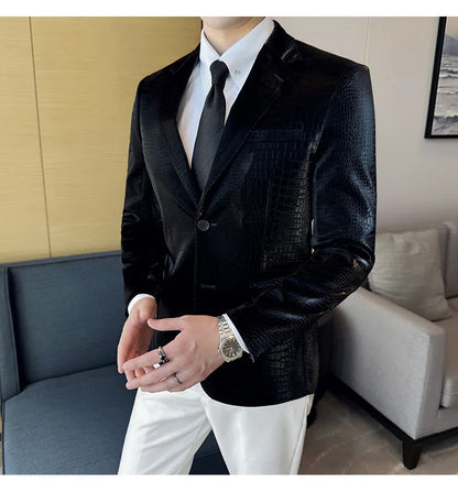 New High Quality Crocodile Stripe Slim Fit Leather Jacket Classic Business Casual Slim Fit Men Blazer Tuxedos Men Clothing 4XL-M