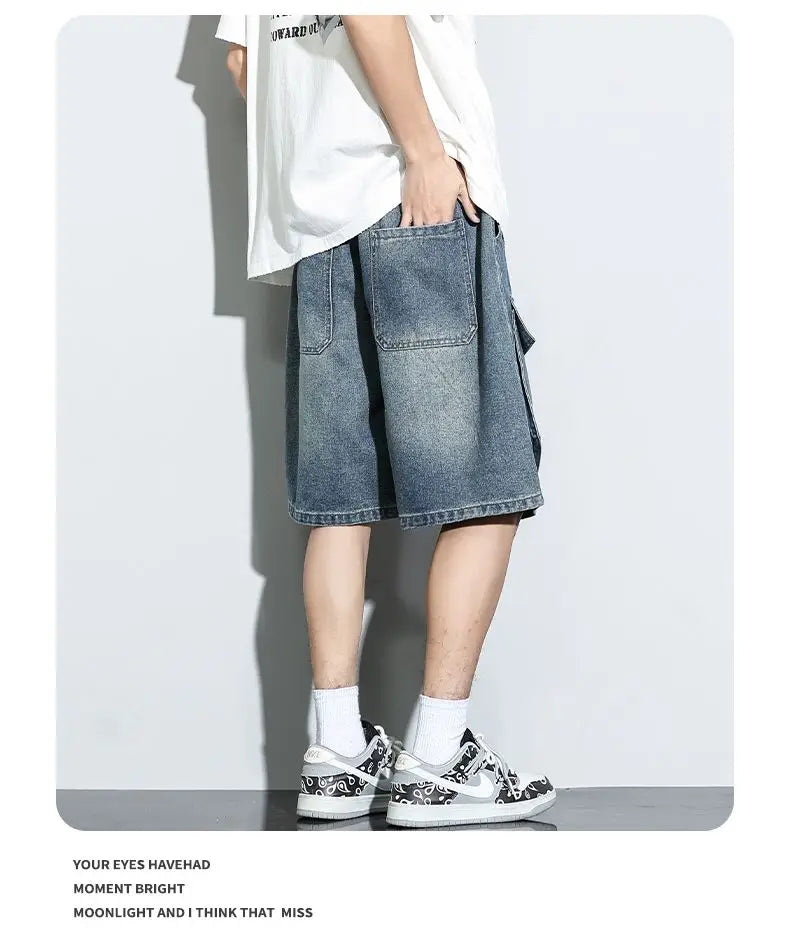 Bermuda Men's Denim Shorts Summer New Fashion Loose Jeans Casual Vintage Drawstring Cargo Short Pants Male Streetwear