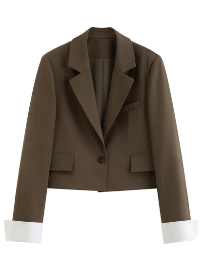 2026 Fall Women's Korean-Inspired Petite Cropped Camel Acetate Lyocell Blend Blazer - Chic Office Commute Outerwear