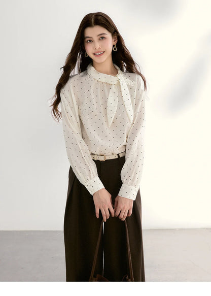 Women's White Polka Dot Blouse Spring Bow Tie Neck Sheer Chiffon Blouses Casual Long Sleeve Top Office Lady MXF13X2531