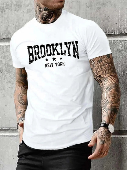Men's 100% pure cotton summer casual loose Brooklyn New York letter printed comfortable round neck short sleeved T-shirt top