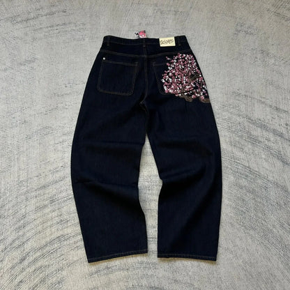 blossom embroidered pattern jeans Y2K loose men women zipper jeans wide leg pants Gothic Harajuku American style streetwear