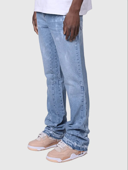 Men's Fashion Jeans Work Pants, European and American Fashion Workwear Elastic Patchwork Denim Layered Flared Pants S-XXL